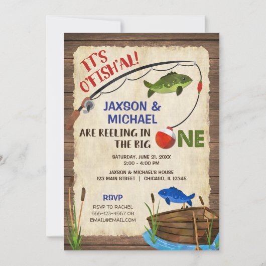 双子の男の素朴子魚釣り1歳の誕生日の男の子 招待状 (正面)