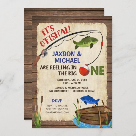 双子の男の素朴子魚釣り1歳の誕生日の男の子 招待状 (正面/裏面)