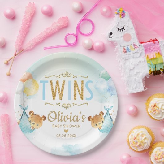 双子の男の赤ちゃんかわいいクマ風船ベビーシャワー ペーパープレート (パーティー)