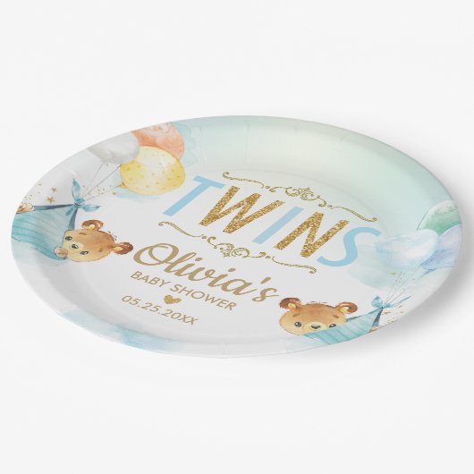 双子の男の赤ちゃんかわいいクマ風船ベビーシャワー ペーパープレート (アングル)