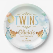 双子の男の赤ちゃんかわいいクマ風船ベビーシャワー ペーパープレート (正面)