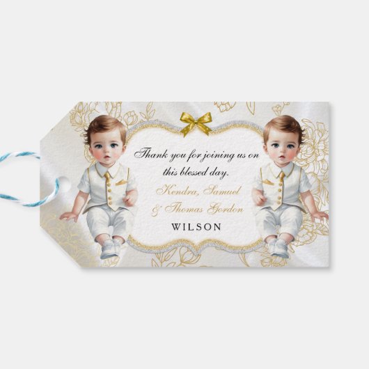 双子の男の赤ちゃんバプテスマ共産聖書十字架 ギフトタグ (裏面横)