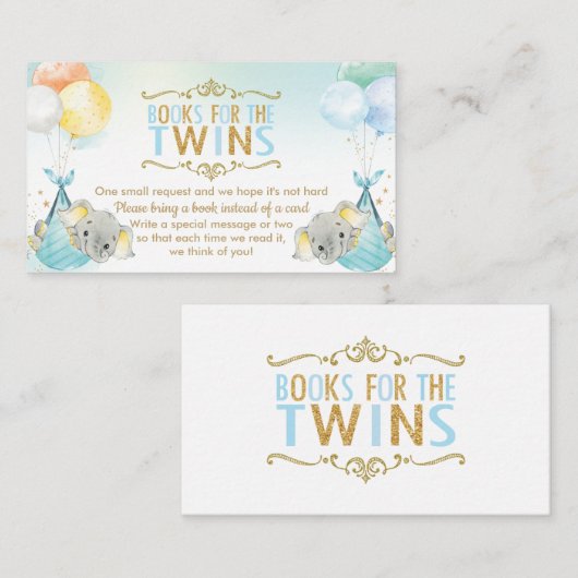 双子の男の赤ちゃん象が代わりに本を持って来る エンクロージャーカード (正面/裏面)