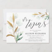 双子の男女兼用緑の金ゴールドの赤ちゃんシャワー 招待状 (正面)