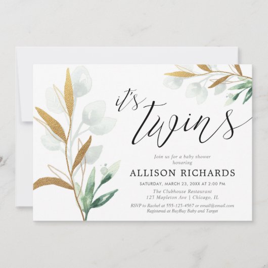 双子の男女兼用緑の金ゴールドの赤ちゃんシャワー 招待状 (正面)