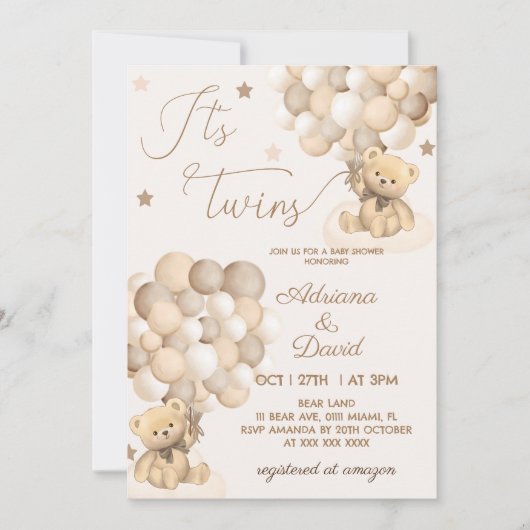 双子の男女兼用赤ちゃんシャワー 招待状 (正面)