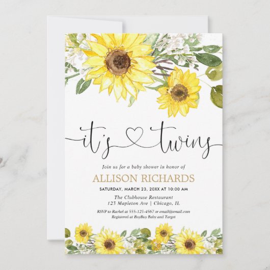 双子の男女兼用黄色ひまわり赤ちゃんシャワー 招待状 (正面)