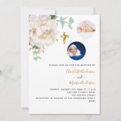 双子の白い花の写真 性別問わない洗礼 招待状 (正面)