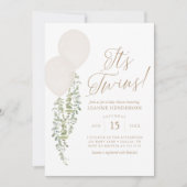 双子の白バルーンeucalyptus赤ちゃんシャワー 招待状 (正面)