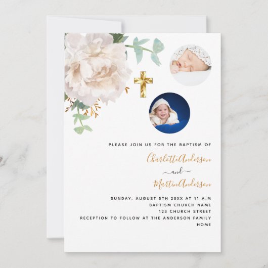 双子の白フローラ写真男女兼用洗礼 招待状 (正面)