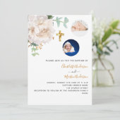 双子の白フローラ写真男女兼用洗礼 招待状 (スタンド正面)