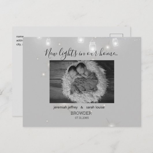 双子の白黒の写真誕生のお知らせ 案内ポストカード (正面/裏面)