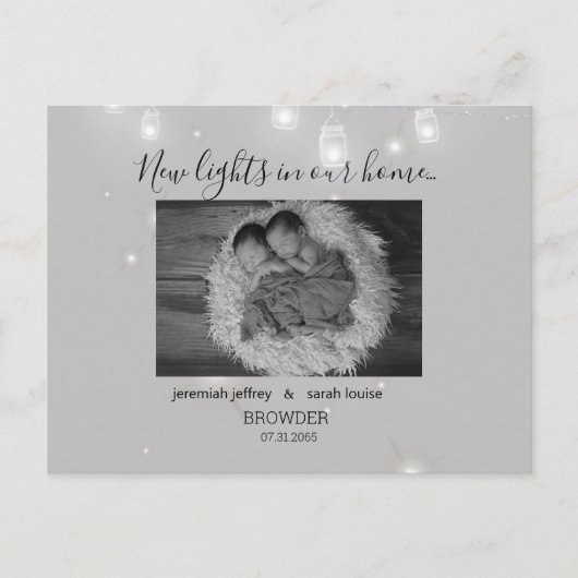 双子の白黒の写真誕生のお知らせ 案内ポストカード (正面)
