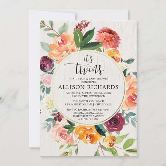 双子の秋ベビーシャワー、双子の女の子または男の子のフローラ 招待状 (正面)