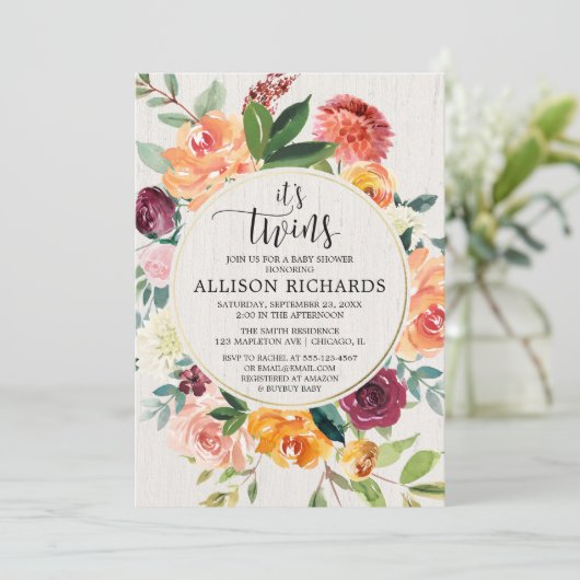 双子の秋ベビーシャワー、双子の女の子または男の子のフローラ 招待状 (スタンド正面)