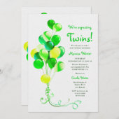双子の緑のバルーン赤ちゃんシャワーを期待 招待状 (正面/裏面)