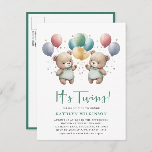 双子の緑の風船テディが赤ちゃんシャワーを付ける インビテーションポストカード (正面/裏面)