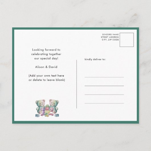 双子の緑の風船テディが赤ちゃんシャワーを付ける インビテーションポストカード (裏面)