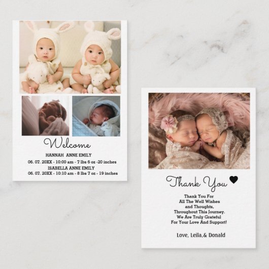 双子の誕生のお知らせカード |写真生まれたばかりの写真 エンクロージャーカード (正面/裏面)
