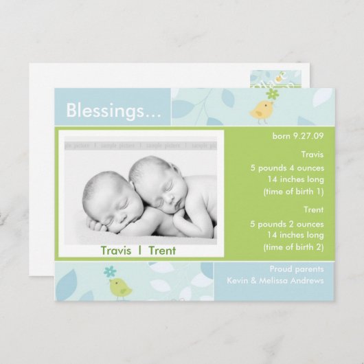 双子の誕生のお知らせ写真カード 案内ポストカード (正面/裏面)