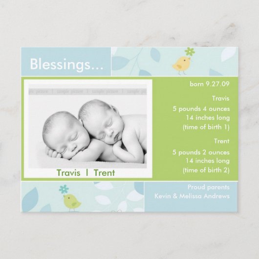 双子の誕生のお知らせ写真カード 案内ポストカード (正面)