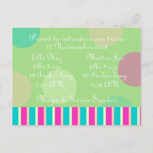 双子の誕生のお知らせ 案内ポストカード (裏面)