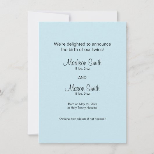 双子の誕生のお知らせ – Noah's Ark 案内状 (裏面)