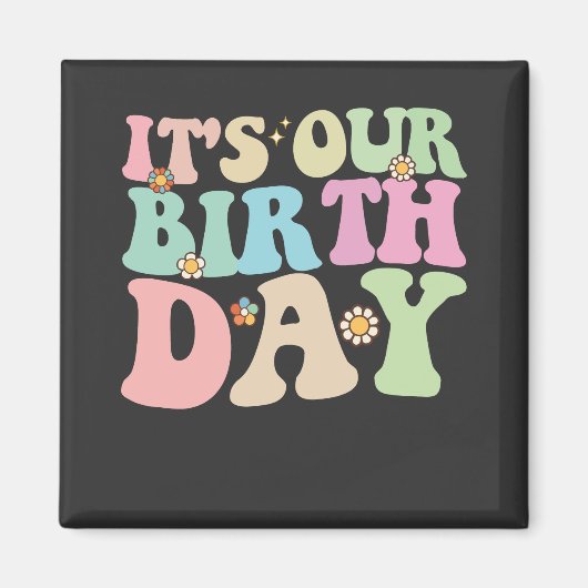 双子の誕生日おめでとう グルービーなレトロデザイン マグネット (正面)