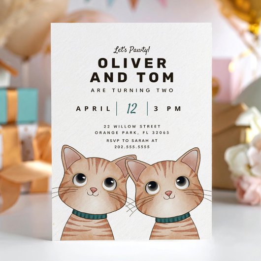 双子の誕生日パーティーと2匹の子猫 招待状