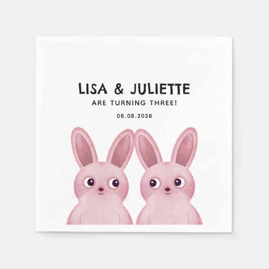 双子の誕生日パーティーと2つのピンクのバニーガール スタンダードカクテルナプキン (正面)