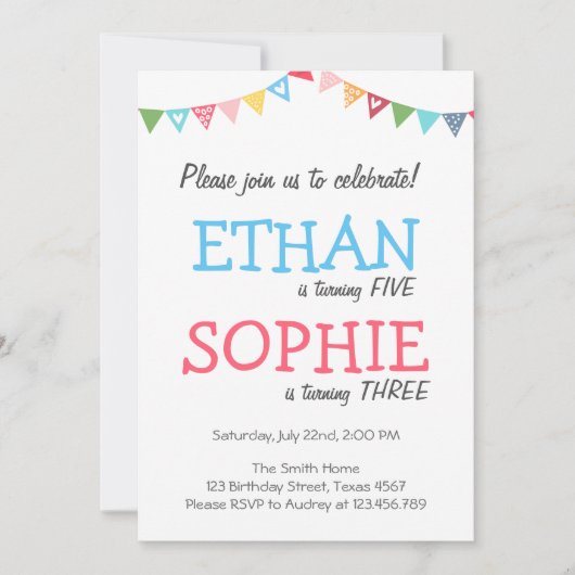 双子の誕生日パーティーの招待状の女の子と少年 招待状 (正面)