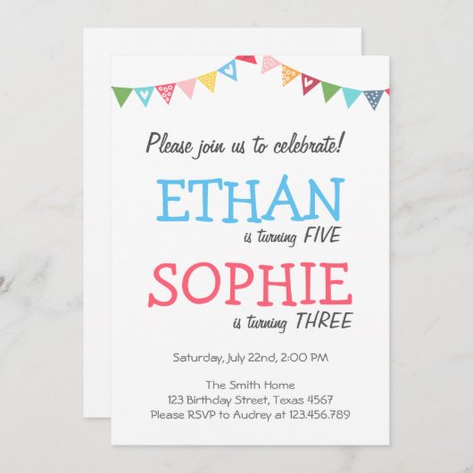 双子の誕生日パーティーの招待状の女の子と少年 招待状 (正面/裏面)