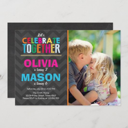 双子の誕生日パーティーへの招待Boy Girl 招待状 (正面/裏面)