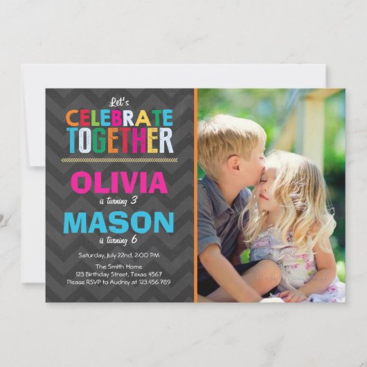 双子の誕生日パーティー招待状 男の子と女の子 招待状 (正面)