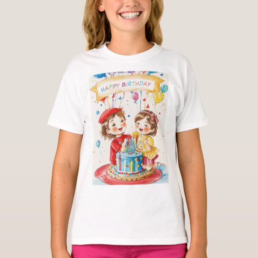 双子の誕生日パーティーTシャツ（女の子） Tシャツ (正面)