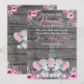 双子の象のベビーシャワー招待状, ラスティック, ピンク 招待状 (正面/裏面)