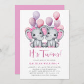 双子の象ピンクのバルーンかわいい赤ちゃんシャワー 招待状 (正面/裏面)