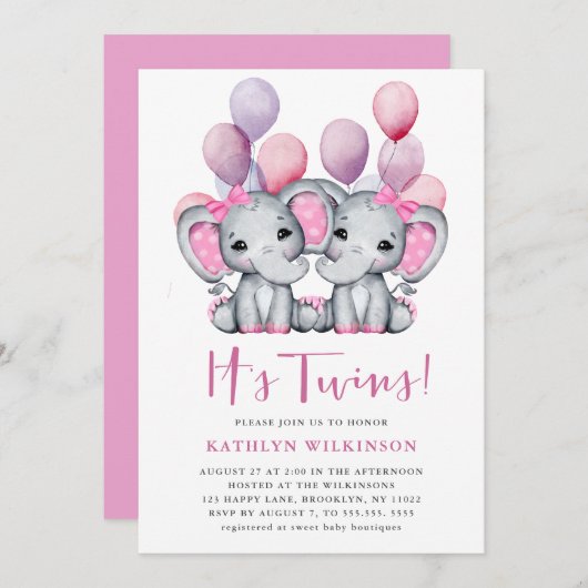 双子の象ピンクのバルーンかわいい赤ちゃんシャワー 招待状 (正面/裏面)