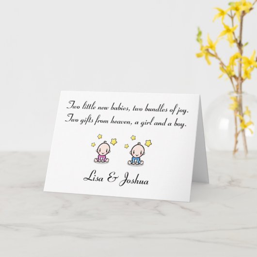 双子の赤ちゃんおめでとうカード、女の子と男の子の双子、 カード (黄色い花)