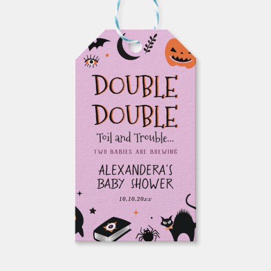 「双子の赤ちゃんがハロウィンにやってくる」ハロウィンの双子ベイビーシャワー ギフトタグ (正面)