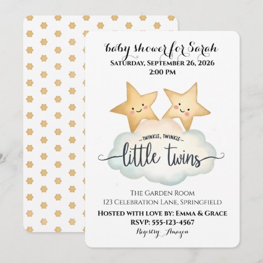 双子の赤ちゃんのお祝いにおしゃれな招待状「Twinkle, Twinkle Little Twins 招待状 (正面/裏面)