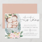 双子の赤ちゃんのお祝い フラワーの水彩画 招待状 (正面/裏面)
