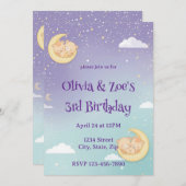 双子の赤ちゃんのためのお祝いの会  眠る動物と月の招待状 招待状 (正面/裏面)