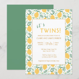 双子の赤ちゃんのキュートな黄色のレモンと葉の模様のベビーシャワー 招待状