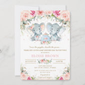 双子の赤ちゃんの女の子の象 ピンクの花の茶葉 ベビーシャワー 招待状 (正面)