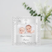 双子の赤ちゃんの洗礼 女の子 男の子 誕生 白いレース 招待状 (スタンド正面)