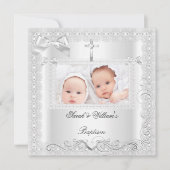 双子の赤ちゃんの洗礼 女の子 男の子 誕生 白いレース 招待状 (正面)