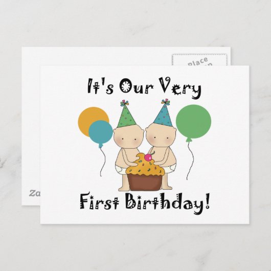 双子の赤ちゃんの1歳の誕生日Tシャツとギフト ポストカード (正面/裏面)