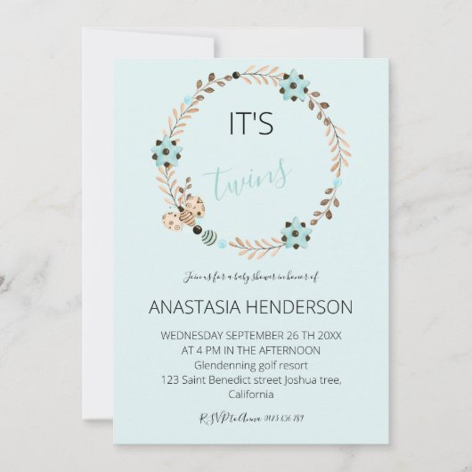 双子の赤ちゃんシャワーの招待状だ。 (正面)