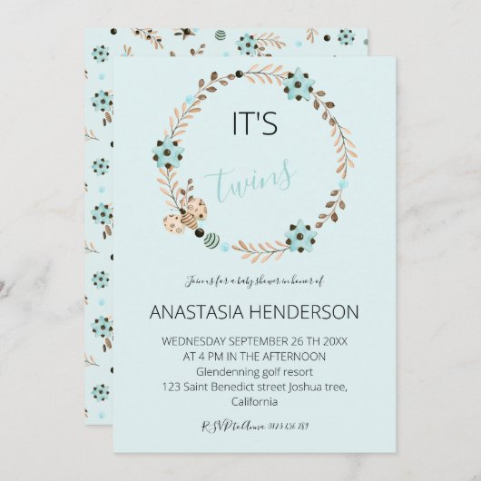 双子の赤ちゃんシャワーの招待状だ。 (正面/裏面)